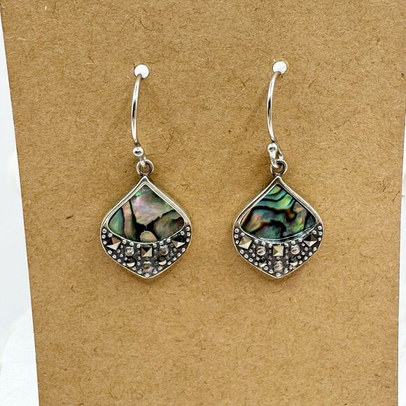 Sterling Silver Abalone Marcasite Sparkling Iridescent Drop Earrings SLC 925 Th - Picture 16 of 16